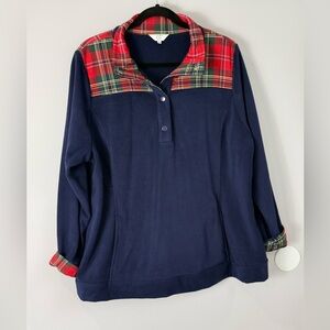 Crown & Ivy Navy Top with Plaid Detail 1/4 Snap Close